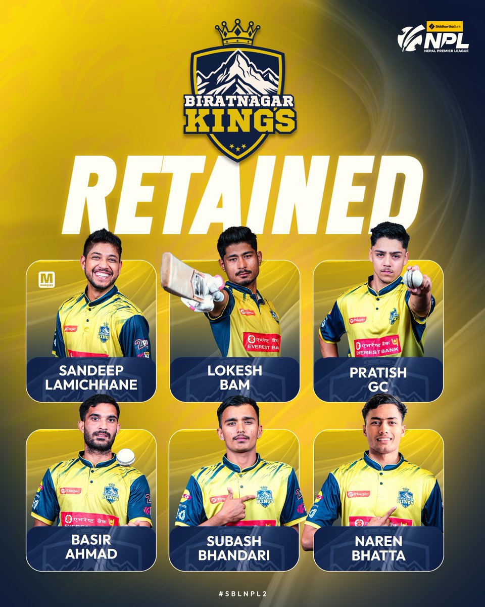 The Kings are here 👑

Led by the spin wizard <a href="/Sandeep25/">Sandeep Lamichhane</a>, Biratnagar Kings drop their retention picks for the second season of SBL NPL.

#SBLNPL2 | #NPLRetention | #NPL2025