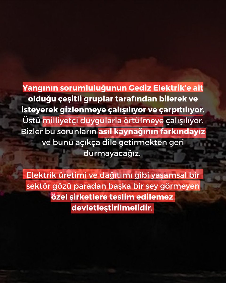 Ormanlarımızı kar hırsları uğruna yakan sermaye unsurlarını tanıyor ve bunları koruyup kollayan ellerin kimin olduğunu iyi biliyoruz! Memleketimizin ciğerlerine çöken bu vebayı söküp atacağız!