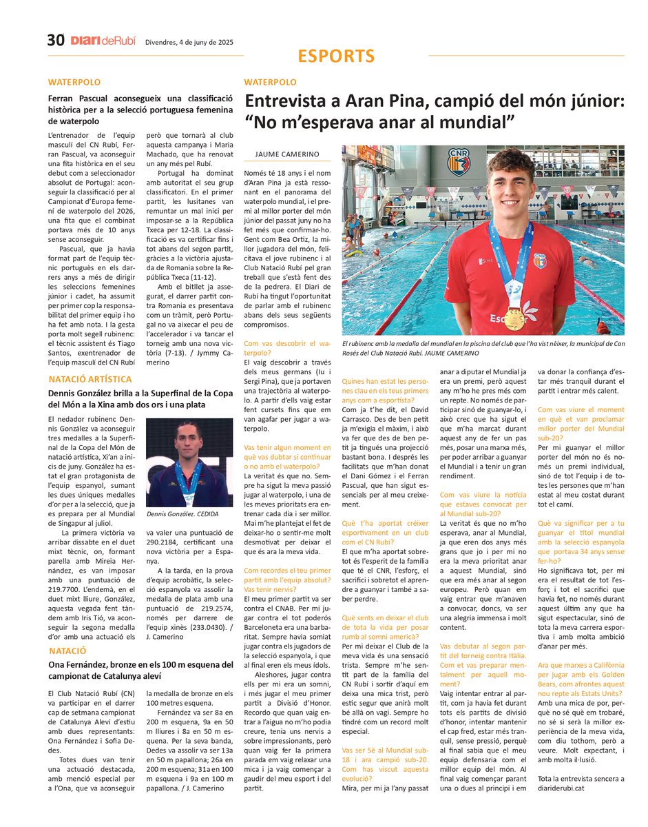 JymmyCamerino24's tweet photo. 📰CONTINGUT @DiarideRubi_ JUL'25
- 🤽‍♂️Entrevista a Aran Pina (sencera al digital)
-🤽‍♂️Classificació sel. de Portugal femenina de @FerranPascual10 
-🏊Bronze d'Ona Fernández als 100 esquena
-🌟2 ors de Dennis González a la World Cup

+ totes les activitats de Festa Major 🎡 https://t.co/Ukr45mFKIE