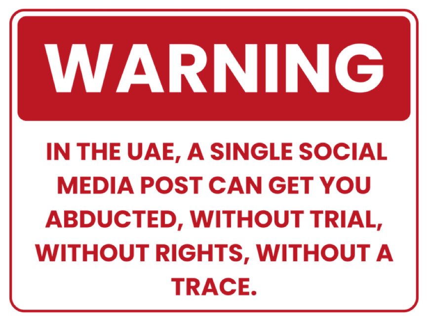 ⚠️ To all investors, influencers, professionals, and tourists worldwide, beware.

If you're considering relocating to the UAE, think again. A single social media post that your home government finds objectionable could result in your disappearance, not through legal arrest, but