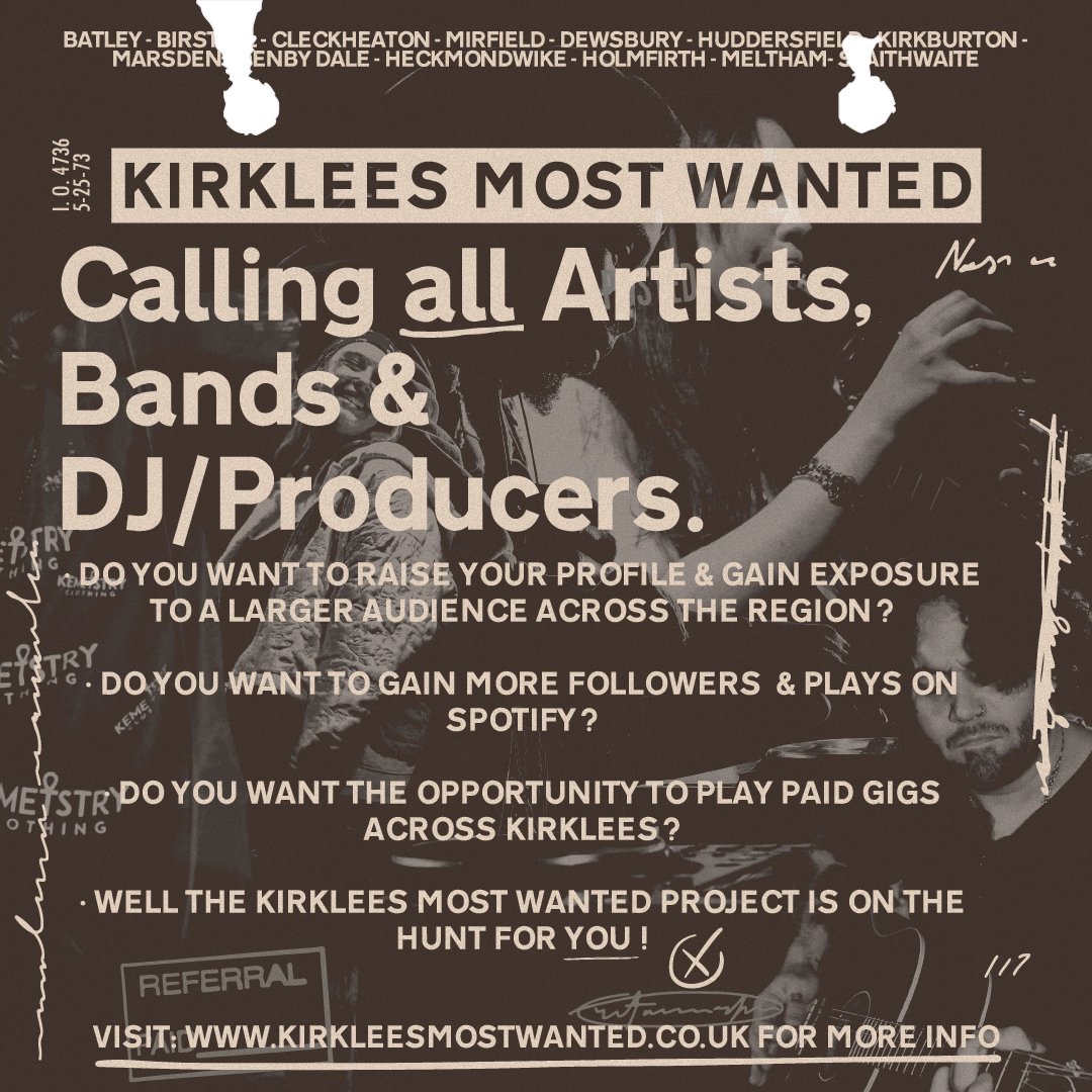 Kirklees artists! 🎤 Kirklees Most Wanted is back with more paid gigs &amp; exposure opportunities. Apply now &amp; get your music heard! #KirkleesMostWanted #LocalMusic #ArtistCall #MusicOpportunities More info: forms.gle/Npg8jjwcuTj7Dc…