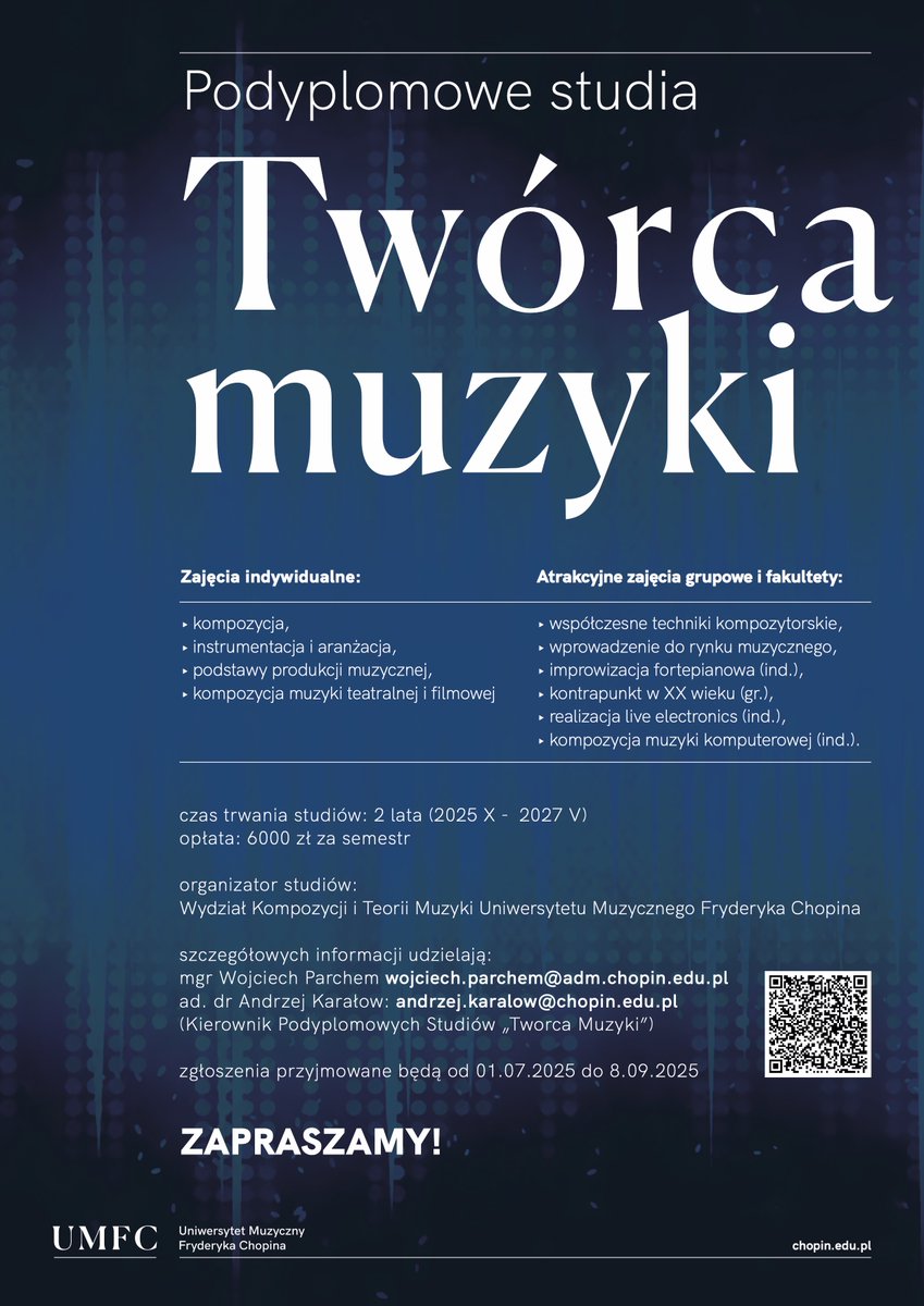 Zapraszamy na studia podyplomowe "Twórca muzyki"! Szczegóły: chopin.edu.pl/kandydat/studi…