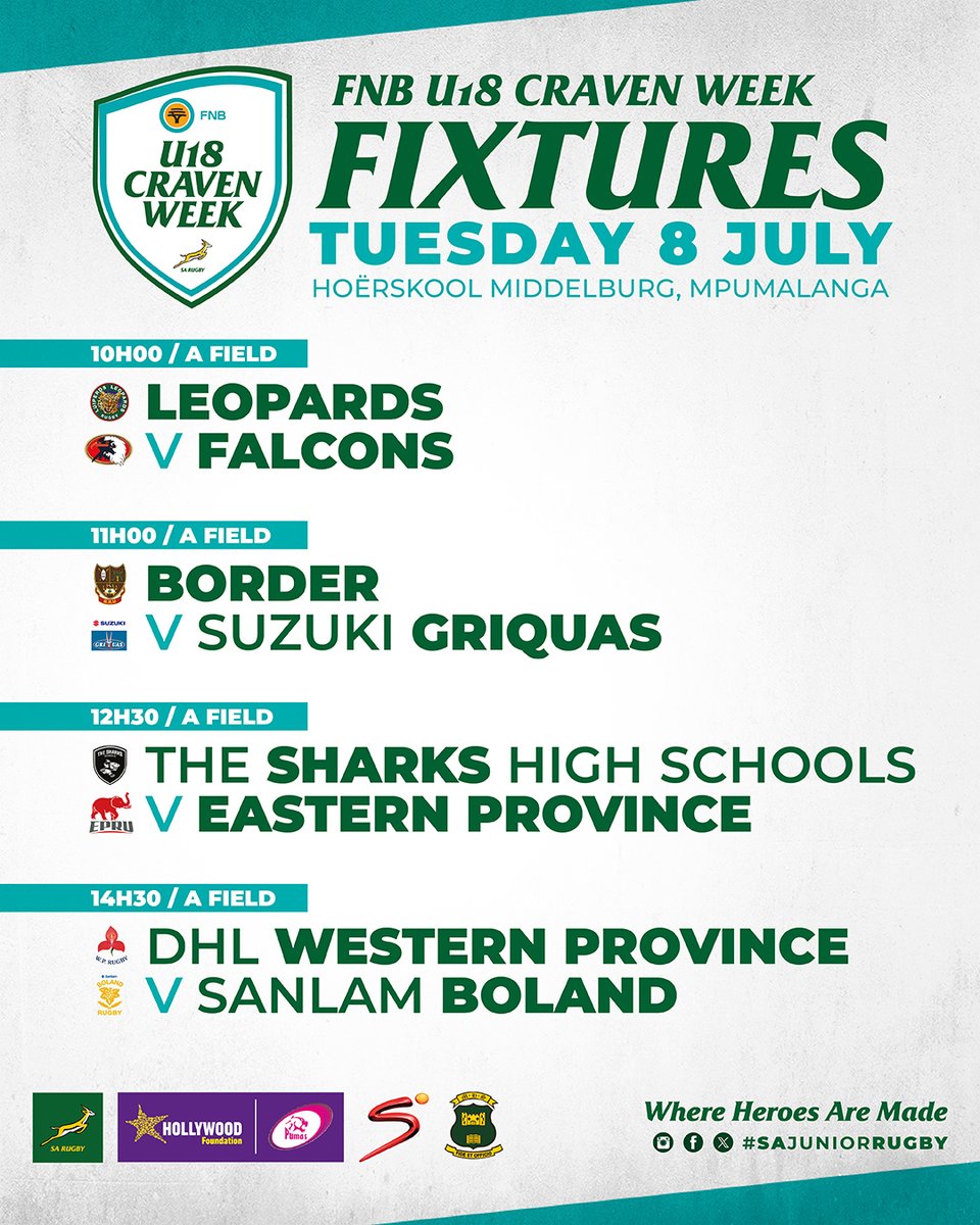 SAJuniorRugby's tweet photo. Make sure you plan ahead for the first two days of the FNB U18 #CravenWeek, which kicks off in Middelburg tomorrow 👊
#WhereHeroesAreMade https://t.co/nDIa1DJBWI