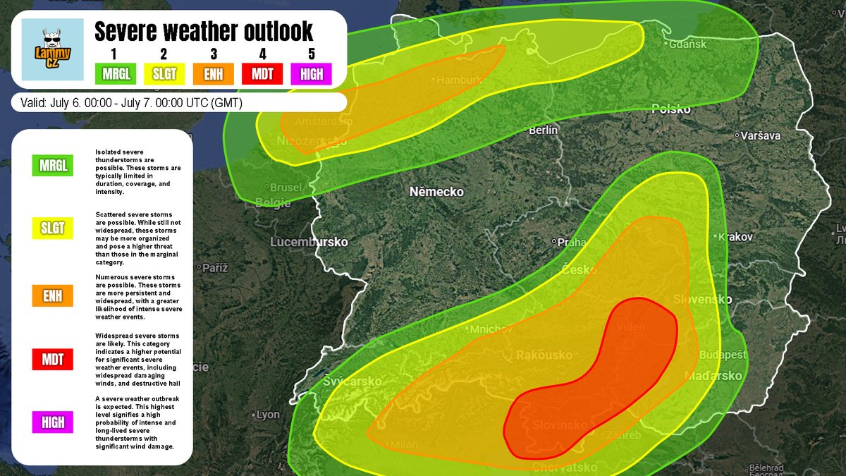 LammyCZ's tweet photo. ⚡Severe #weather #outlook for #Europe
📅Valid: July 6. 2025
🗒️Description: #Severe #storms expected from Austria to Hungary. #Supercells may bring giant #hail, damaging #winds & isolated #tornadoes.
📜Read the discussion for more info!
#weather #EUwx #weatherwx #storm https://t.co/y8DL698tOp