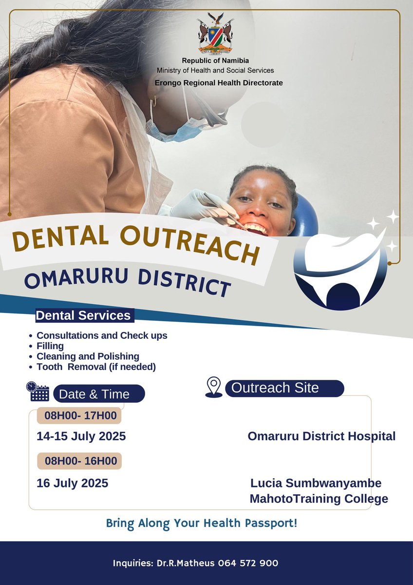 Our team will be in Omaruru and Usakos districts, bringing quality dental care to your community! Check the poster for dates and details.👇 #YourHealthOurPriority
