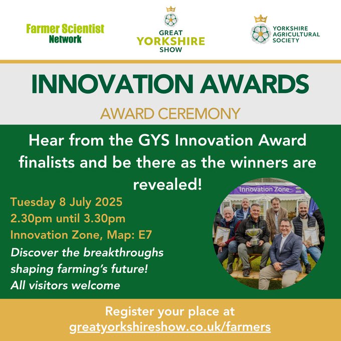 YorksAgSoc's tweet image. Heading to @greatyorkshow next week?
The Innovation Zone, hosted by @FarmerScientist, is back! Incorporating the GYS Innovation Awards, a daily series of talks and a showcase of the latest tech and research shaping the industry.
Here's all the details 🔽
yas.co.uk/gys-innovation…
