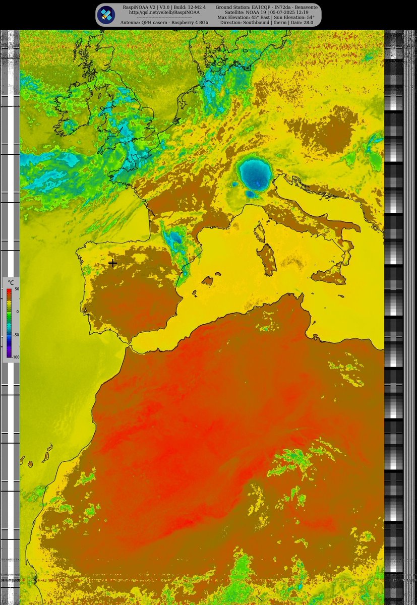 Ground Station: EA1CQP - IN72da - Benavente NOAA 19 05-07-2025 12:02 CEST  Max Elev: 45° E Sun Elevation: 54° Gain: 28.0 | Southbound

#NOAA #MeteorM2_3 #MeteorM2_4 #weather #weathersats #APT #LRPT #wxtoimg #MeteorDemod #rtlsdr #gpredict #raspberrypi