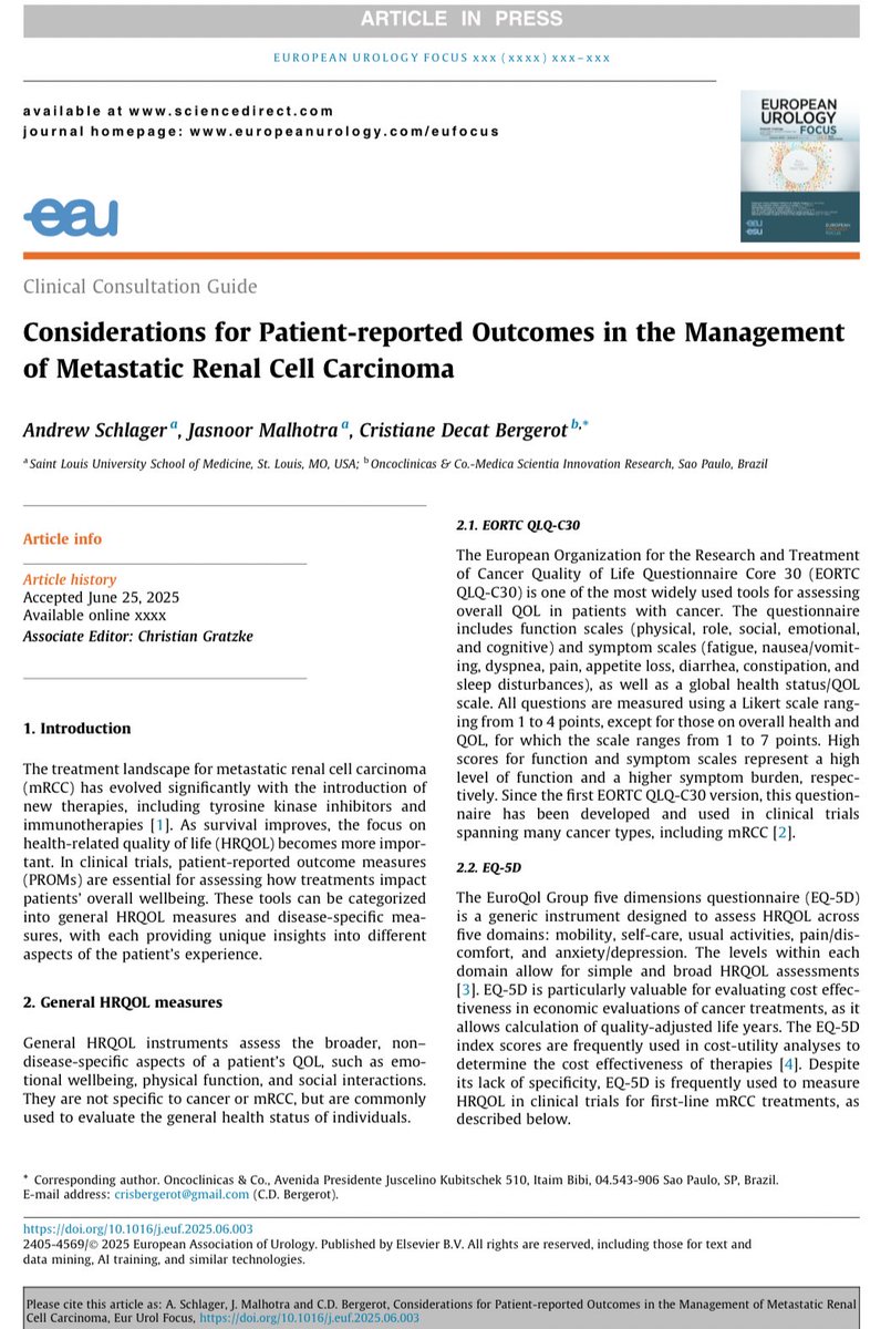 Huge congrats to <a href="/JasnoorMalhotra/">Jasnoor Malhotra</a> and #ASchlager on this important paper <a href="/EurUrolFocus/">Eur Urol Focus</a> reviewing HRQOL assessments in mRCC clinical trials! 
A timely synthesis of the strengths &amp; gaps in current PROMs; a clear call for more patient-centered tools 👏 

kwnsfk27.r.eu-west-1.awstrack.me/L0/https:%2F%2…