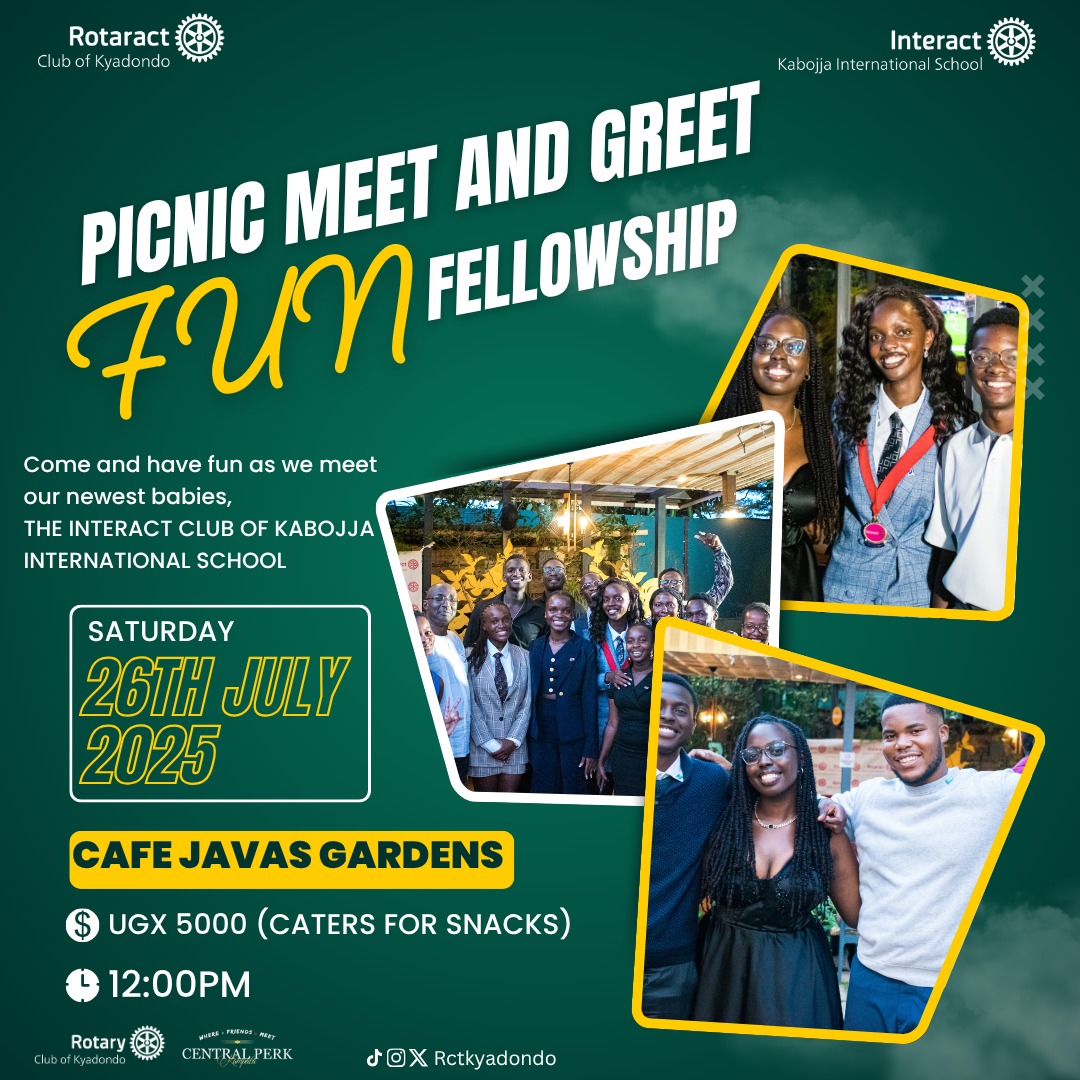 📢 It’s a PICNIC MEET &amp; GREET 🎉
We’re officially welcoming the Interact Club of Kabojja International School to the family! 
Join us for an afternoon of fun, laughter, and fellowship this Saturday, 26th July 2025, at Cafe Javas Gardens 🌿
 Time: 12:00 pm
Fee: 5,000 
0790040448