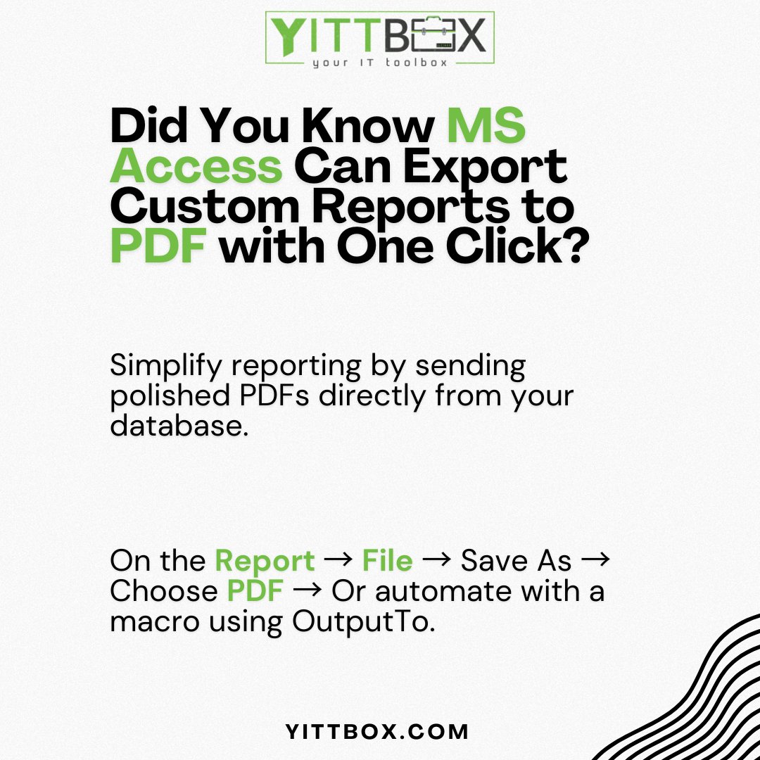 yittbox's tweet photo. Reports into PDFs, in one click. ✨
MS Access lets you export custom reports directly to PDF with zero hassle. ⭐

#MSAccess #AccessTips #PDFExport #ReportingSolutions #DatabaseManagement #DigitalEfficiency #ProcessAutomation #OfficeProductivity #SmartReporting #Yittbox https://t.co/yPKtSSpKCN