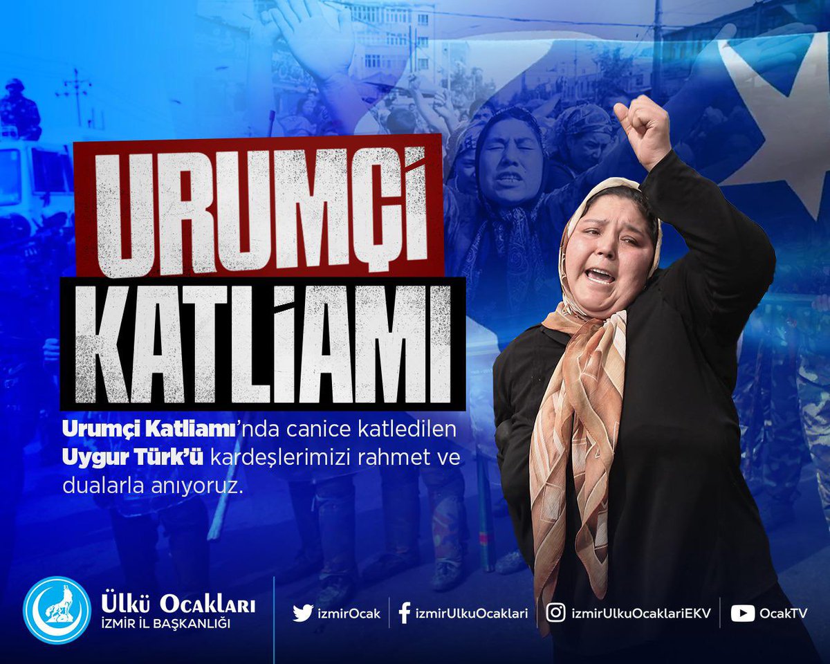 burakkilictc's tweet photo. 5 Temmuz 2009 Urumçi Katliamı’nın yıl dönümünde, katil Çin’in Doğu Türkistanlı soydaşlarımıza uyguladığı zulmü lanetliyoruz.
Urumçi’de akan kan, Türk Milletinin vicdanında dinmeyecek bir çığlıktır.

Kahrolsun kızıl komünist Çin!
Yaşasın hür ve bağımsız Doğu Türkistan! https://t.co/gwfxCX77cL
