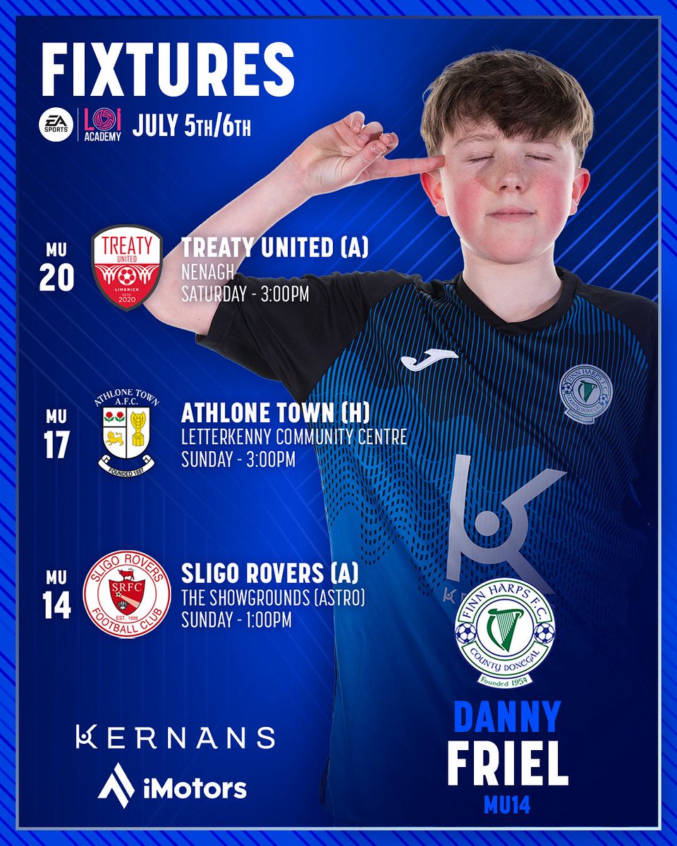 Our Underage Men’s sides are all in Cup action this weekend.

Our MU20s are on their travels to Limerick today as they face Treaty United (3pm), while our MU17s are at home to Athlone Town at LCC tomorrow (3pm). 

Our MU14s take on Sligo Rovers in a NorthWest derby (1pm).