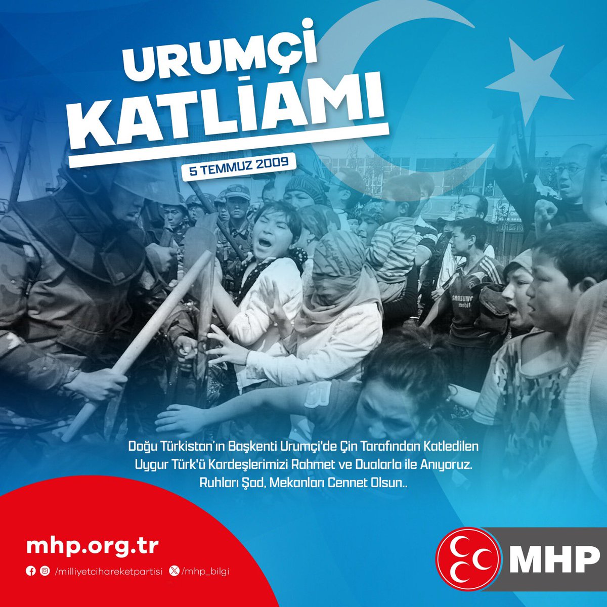 Doğu Türkistan'ın Başkenti Urumçi'de Çin tarafından katledilen Uygur Türk'ü kardeşlerimizi rahmet ve dualarla anıyoruz.
Ruhları şad, mekanları cennet olsun