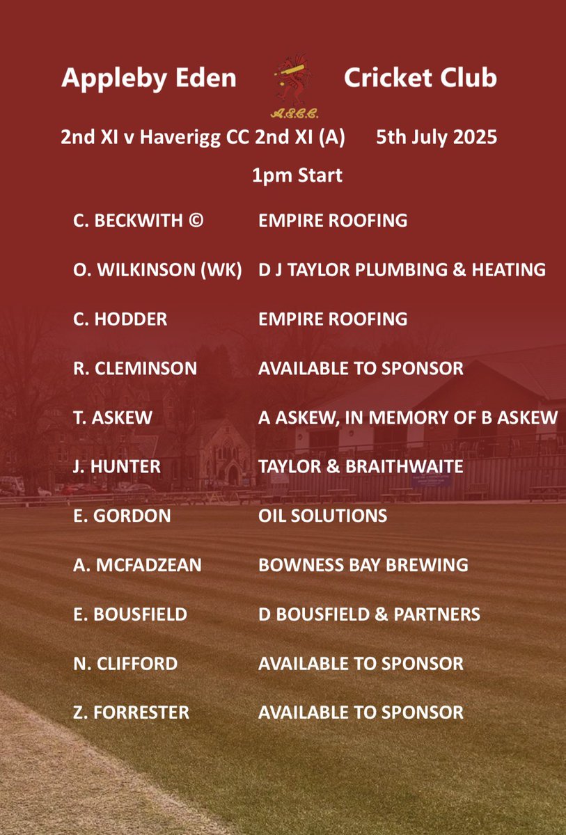 Game Day!
1st XI v Carnforth 2s (H) 1pm
2nd XI v Haverigg 2s (A) 1pm
Bar open 1pm
#AECC