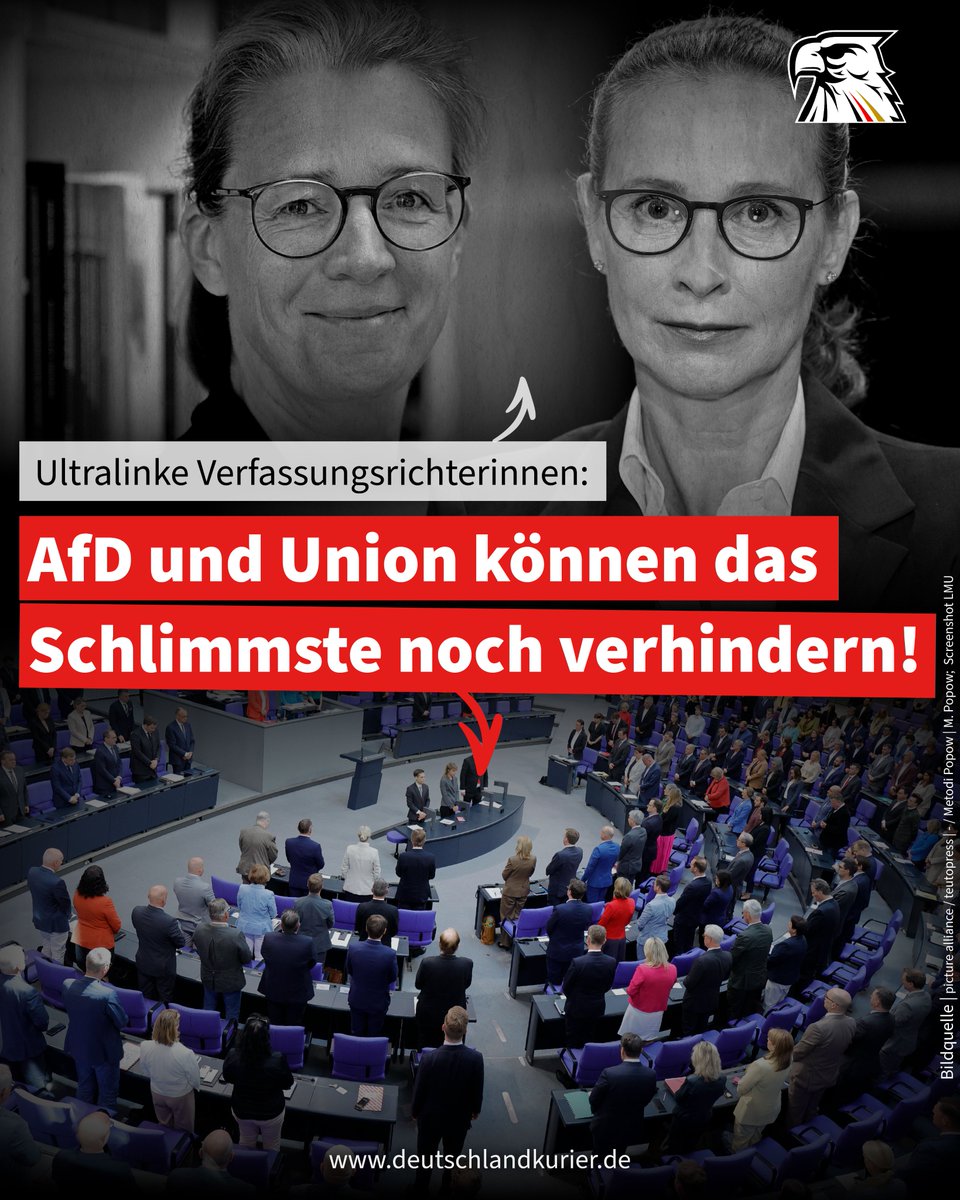Ultralinke Verfassungsrichterinnen: <a href="/AfD/">AfD</a> und Union können das Schlimmste noch verhindern!

Am Donnerstag (10.Juli) stimmt der Deutsche Bundestag über mehrere Neubesetzungen von Richterstellen am Bundesverfassungsgericht (BVerfG) ab. Mit den beiden von der SPD nominierten