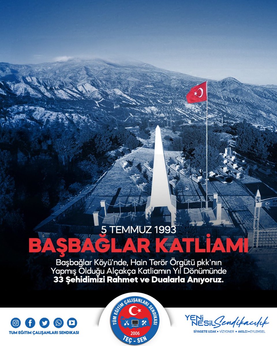 5 Temmuz 1993 ‘de Başbağlar Köyü'nde, Hain Terör Örgütü pkk'nın Yapmış Olduğu Alçakça Katliamın Yıl Dönümünde 33 Şehidimizi Rahmet ve Dualarla Anıyoruz.

#teçsen #erzincan #Başbağlar