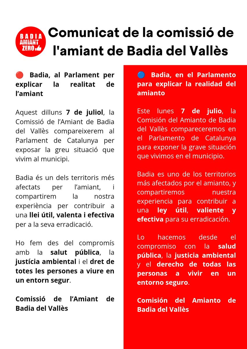 Comunicat Comissió de l'Amiant / Comunicado Comisión del Amianto 
#Badia #BadiadelVallès #Parlament #AmiantZero #AmiantoCero