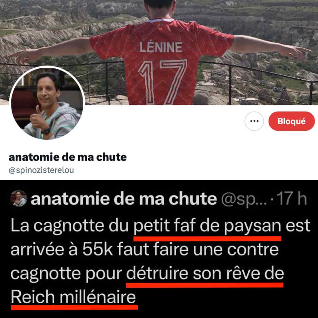 🔥 ARTICLE CHOC : UN GAUCHISTE HAINEUX 🤮 INSULTE UN JEUNE PAYSAN 🧑‍🌾 QUI SAUVE LA FERME FAMILIALE 🇫🇷 🔥  Quand "Anatomie de ma chute" alias <a href="/spinozisterelou/">anatomie de ma chute</a>  incarne la chute morale totale de la gauche française.
📌 Voici l’histoire : Lucas, un jeune homme de la France profonde,
