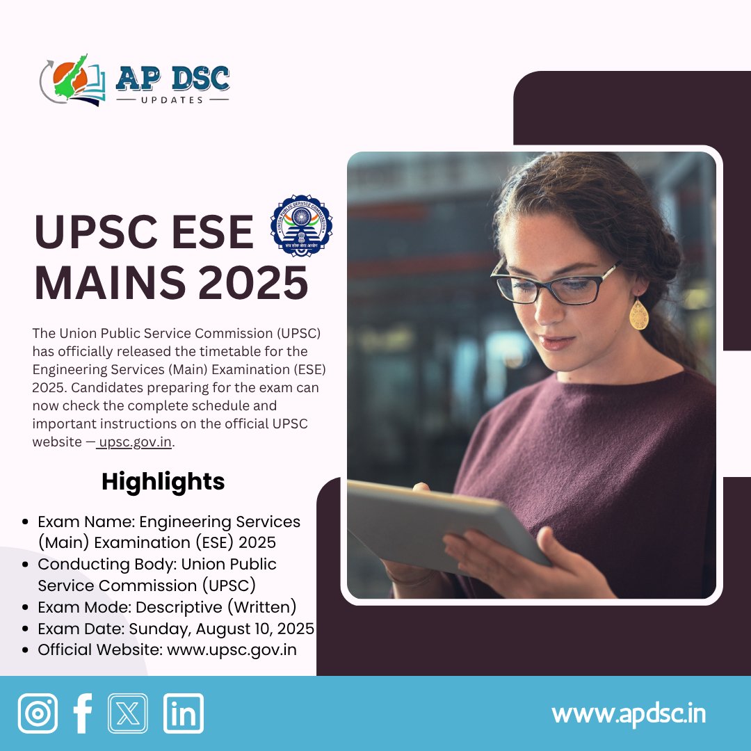 ApDsc's tweet photo. UPSC ESE Mains 2025 is scheduled for August 10 in two shifts. Check full exam details and timings at https://t.co/Cm5aRSOOOS.

View Notification :https://t.co/VPwWM0tN4m
Visit the Official Website :https://t.co/eroKQg0KVu

#UPSC #ESE2025 #UPSCExam #EngineeringServices #UPSCMains https://t.co/zYA9OSbwfC