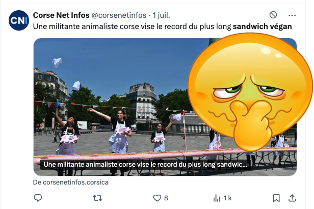 FrancAller_info's tweet photo. 23 mètres d'honnête baguette, tartinée de margarine industrielle et de protéines de pois réhydratées...
Reviens, Ocatarinetabellatchitchix, ils sont devenus fous 🤦♂️
#Antispécisme #Vegan
#Gesticulation
#VersLinfiniEtAuDelà https://t.co/oFw52Pydil
