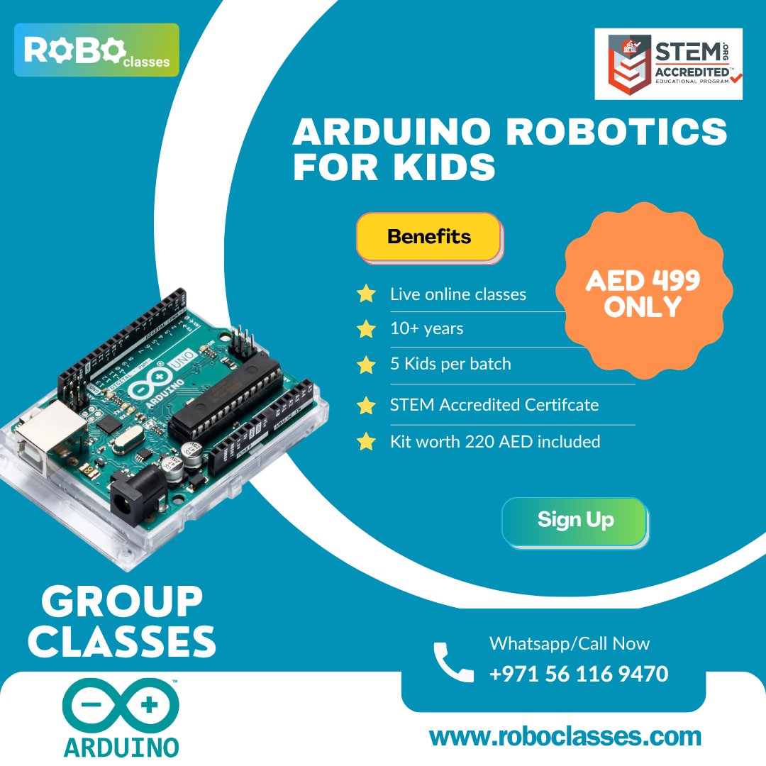 ClassesRobo's tweet image. Announcing Arduino robotics group classes.
For 10+ years old only.
AED 499 per child including the kit.
📷 STEM Accredited certificate.
📷 Live online classes(5 kids in one batch)
📷 Starts from 10th July.
📷 12 classes of 1+ hour each
Course details - roboclasses.com/arc
