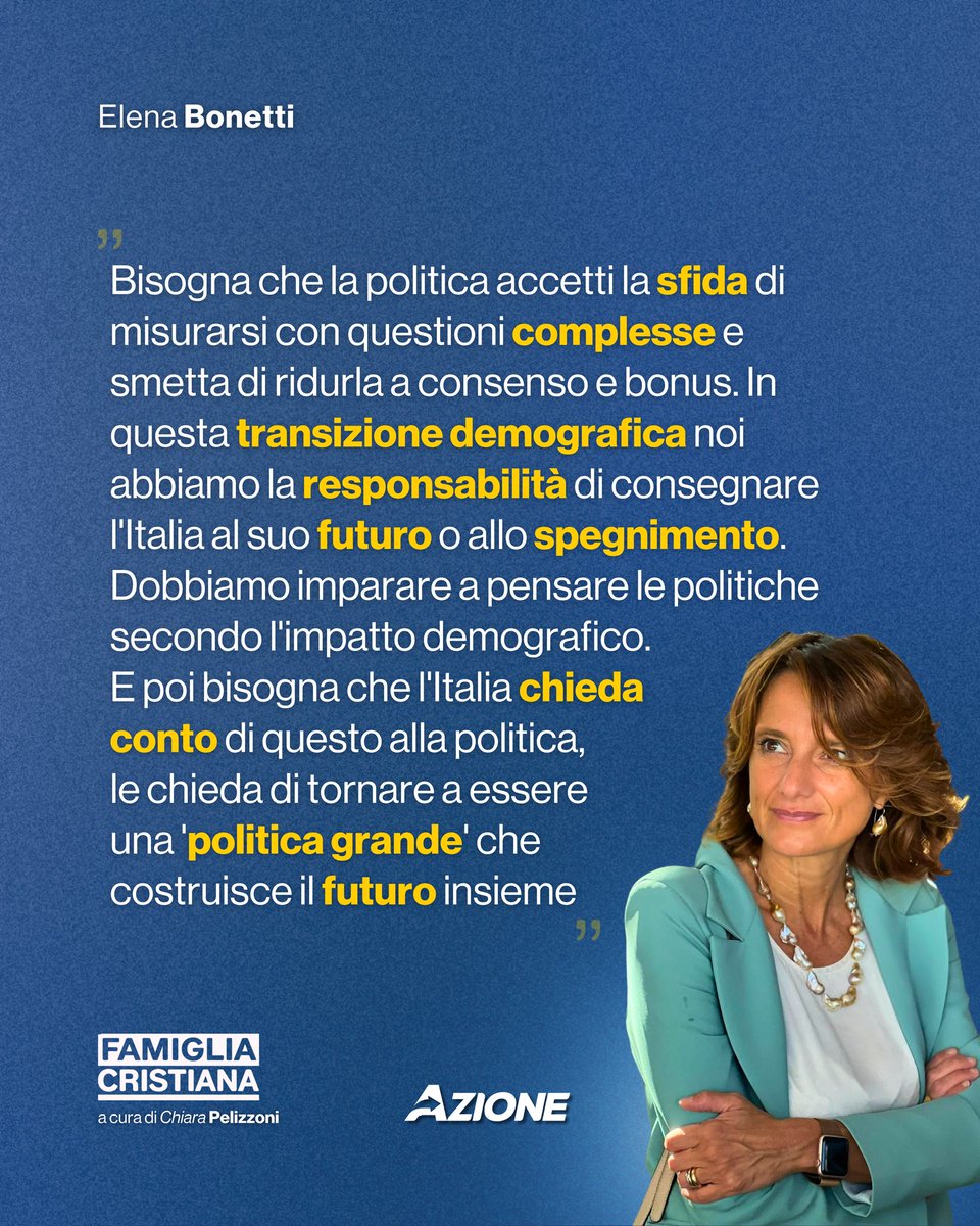 elenabonetti's tweet image. Bisogna che la politica accetti la sfida di misurarsi con questioni complesse e smetta di ridurla a consenso e bonus. In questa transizione demografica noi abbiamo la responsabilità di consegnare l'Italia al suo futuro o allo spegnimento. Dobbiamo imparare a pensare le politiche…