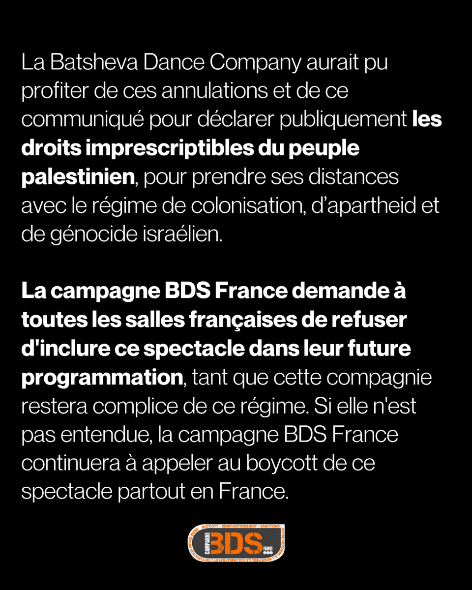 Annulation de la fin de la tournée de la Batsheva Dance Company : découvrez le communiqué de la campagne BDS France sur notre site : bdsfrance.org/la-batsheva-da…

Non au blanchiment des crimes de guerre israélien par l’art !