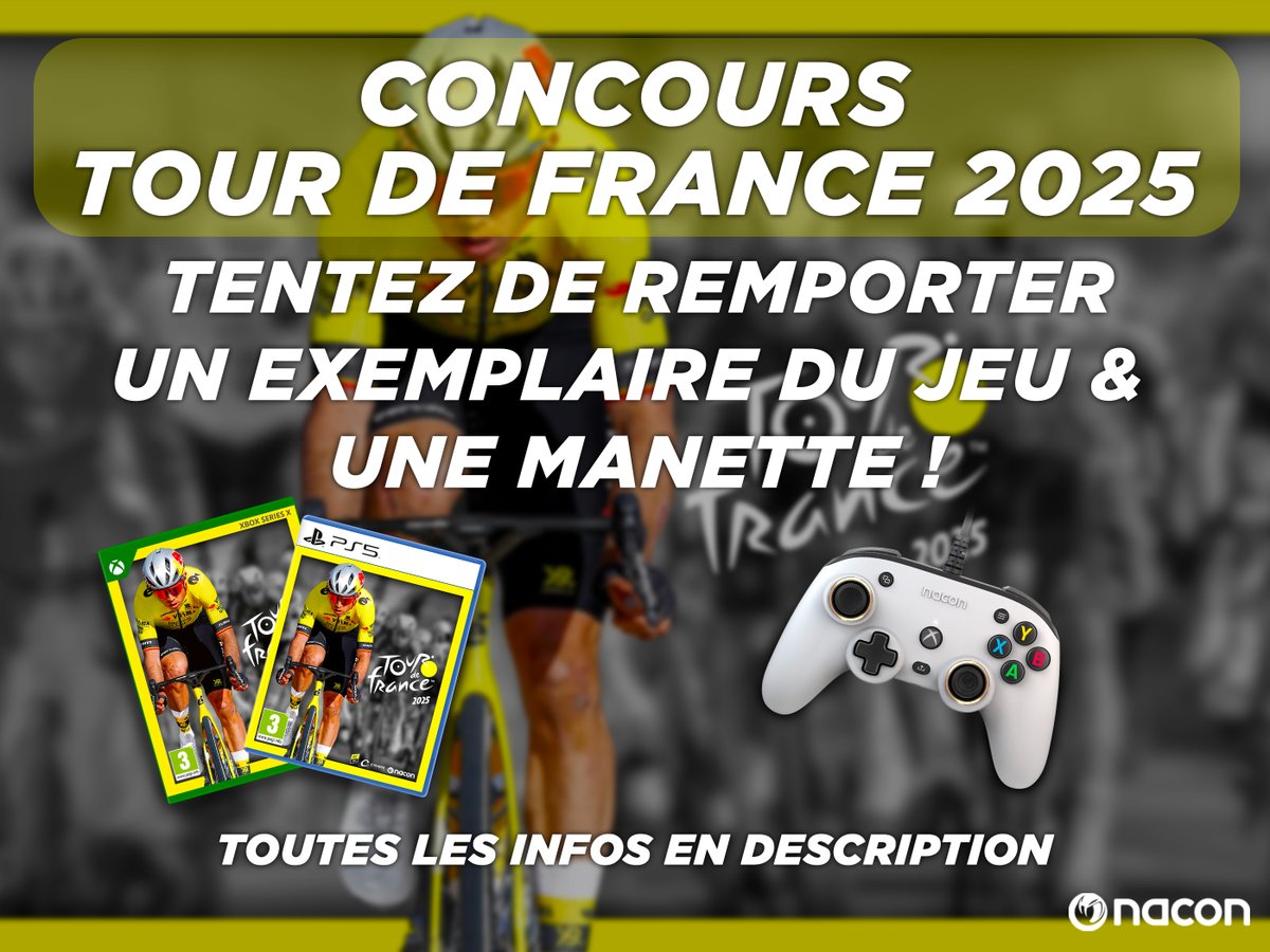 🏆 CONCOURS – Tour de France 2025 à gagner !
Vous aussi vous rêvez de remporter ce tour mythique ? C’est le moment.

🎁 À gagner : 1 exemplaire du jeu &amp; une manette Pro Compact ! #TourdeFrance2025
Pour participer :
1. Like
2. RT
3. Commente avec le nom de ton coureur préféré.

📆