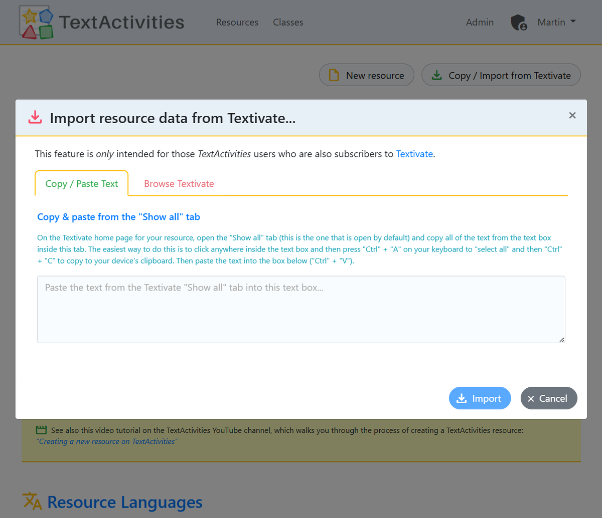 On TextActivities.com you paste this directly into the textbox inside the "Copy / Import from Textivate" popup #mfltwitterati #langchat #mflchat #flteach
👇👇👇
