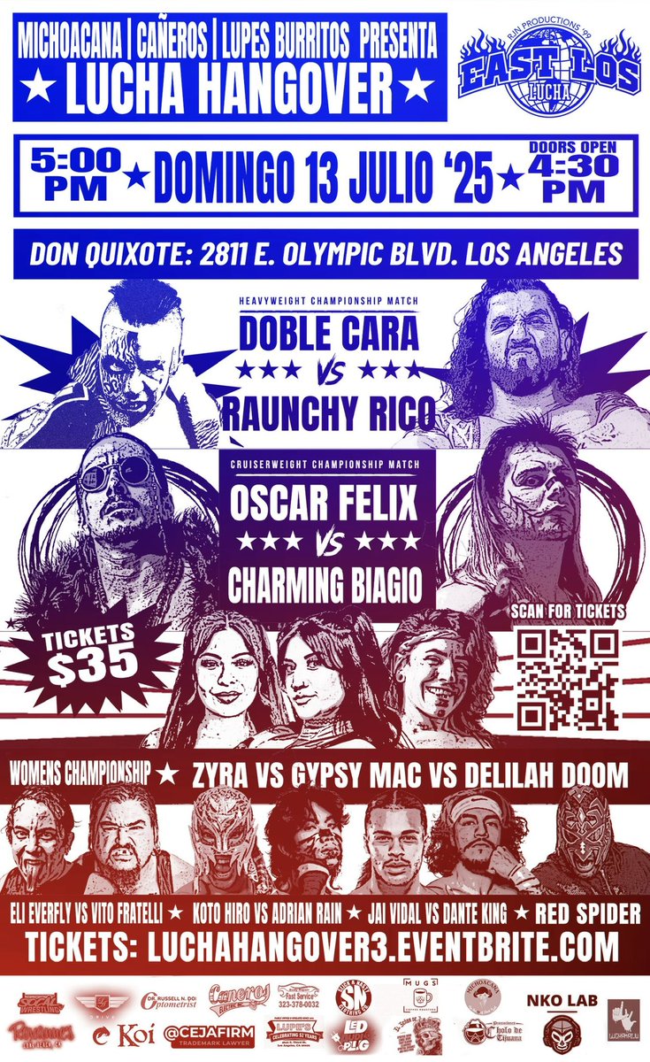 Ricardo Nunez (@rjnproductions9) on Twitter photo Sunday July 13.
We’re back at Don Quixote. <a href="/EastLosLucharjn/">East Los Lucha</a> has a stacked card you absolutely don’t want to miss.
Tickets are 25% off right now through tomorrow at 11;59pm. Take advantage.
Luchahangover3.eventbrite.com
Para mas informes al 213-472-9991 Sunday July 13.
We’re back at Don Quixote. <a href="/EastLosLucharjn/">East Los Lucha</a> has a stacked card you absolutely don’t want to miss.
Tickets are 25% off right now through tomorrow at 11;59pm. Take advantage.
Luchahangover3.eventbrite.com
Para mas informes al 213-472-9991