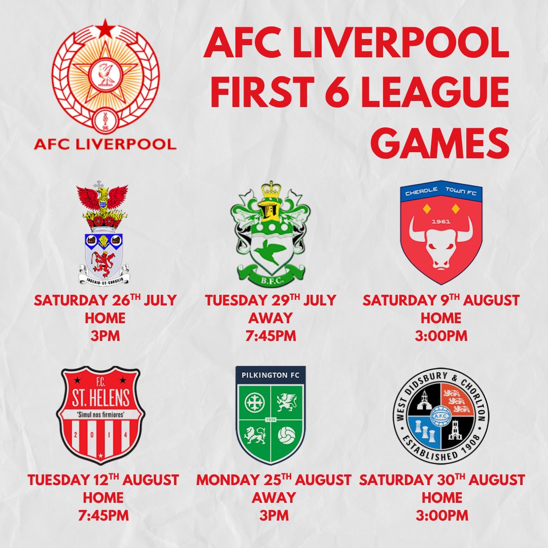 AFC Liverpool🔴⚪️⚽️ (@afcliverpool) on Twitter photo The Fixtures Are Out!
Here's our first 6 <a href="/nwcfl/">The NWCFL ⚽️</a> games, hosting <a href="/IrlamFC/">IRLAM FC (Manchester Premier Cup Winners 2025)</a> on the opening day 🔴⚪️
#staffosarmy
#nonleaguereds The Fixtures Are Out!
Here's our first 6 <a href="/nwcfl/">The NWCFL ⚽️</a> games, hosting <a href="/IrlamFC/">IRLAM FC (Manchester Premier Cup Winners 2025)</a> on the opening day 🔴⚪️
#staffosarmy
#nonleaguereds
