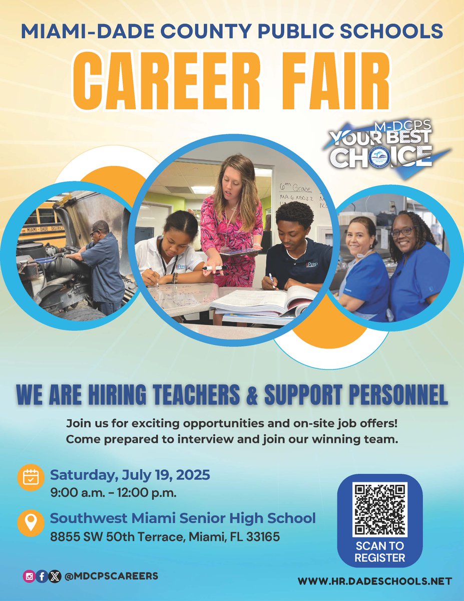 Jose L. Dotres, Ed.D. (@suptdotres) on Twitter photo Ready for an exciting career? <a href="/MDCPS/">Miami-Dade Schools</a> is hiring teachers & support personnel with on-site job offers at our Career Fair. Get ready to interview and join our winning team. Register at app.brazenconnect.com/a/miami_dade_c… or scan the QR code. #YourBestChoiceMDCPS Ready for an exciting career? <a href="/MDCPS/">Miami-Dade Schools</a> is hiring teachers & support personnel with on-site job offers at our Career Fair. Get ready to interview and join our winning team. Register at app.brazenconnect.com/a/miami_dade_c… or scan the QR code. #YourBestChoiceMDCPS