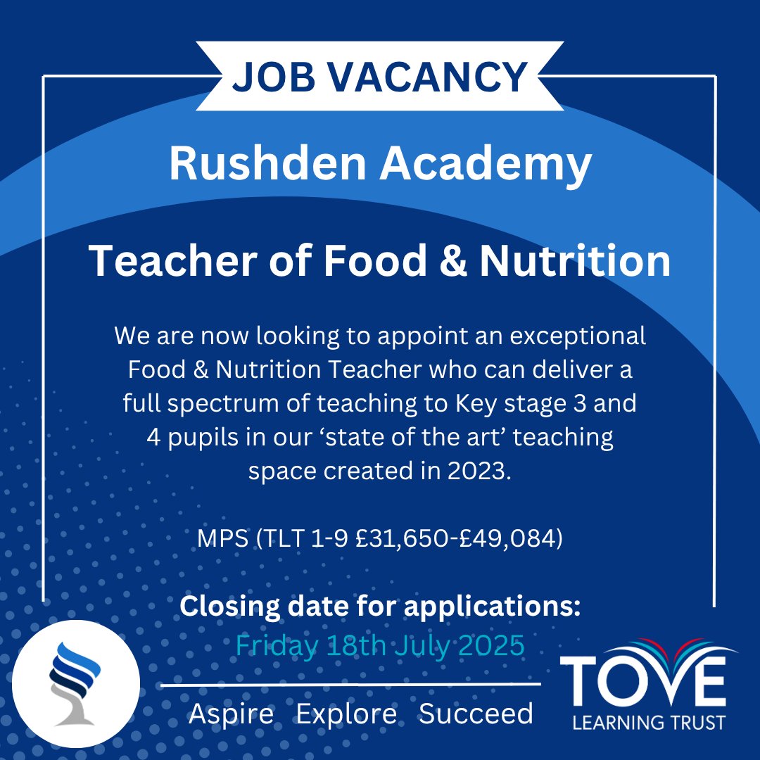 We are hiring! Have a look at our website for more information and the application form. rushden-academy.net/index.php/abou… #TeamRushden #AspireExploreSucceed
