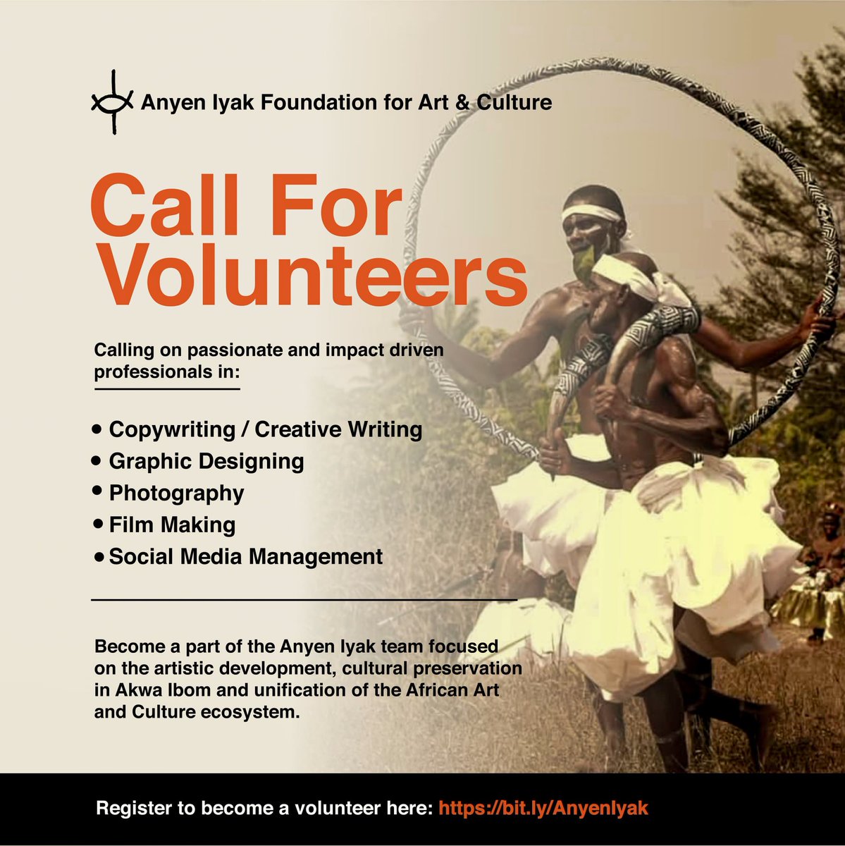 AnyenIyak's tweet image. 🚨Call For Volunteers 🚨

Calling on passionate and impact driven professionals in Graphic designing, Copywriting, 
Photography, Content Writing, Social media management and Film making.  #ArtPreservation #volunteer
#anyeniyak #anyeniyakfoundation