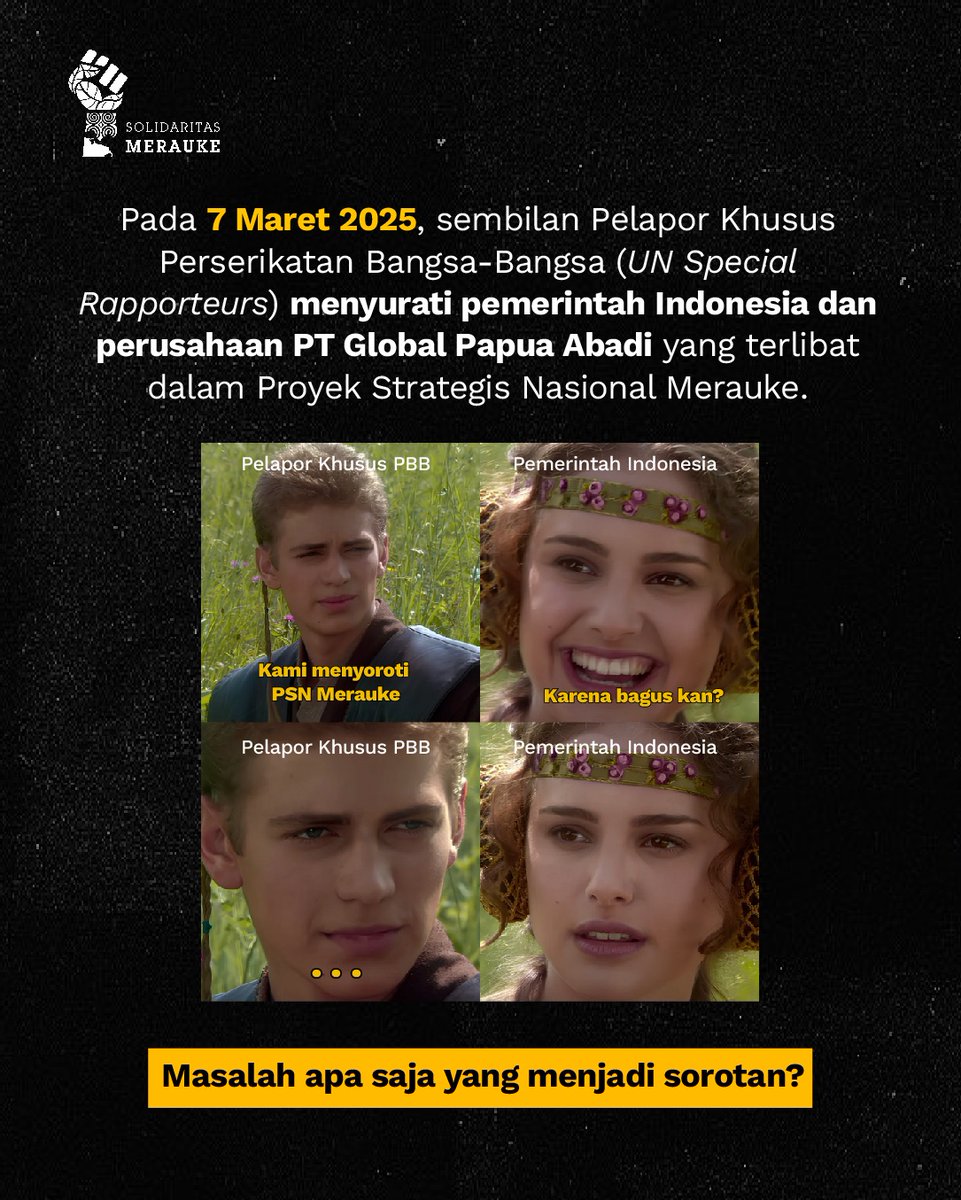 Jaka sembung digigit lintah 
Nggak nyambung oi pemerintah~

Begitulah jawaban pemerintah Indonesia menanggapi surat Pelapor Khusus PBB tentang pelanggaran HAM dan kerusakan lingkungan akibat Proyek Strategis Nasional (PSN) di Merauke.

#SolidaritasMerauke #PapuaBukanTanahKosong