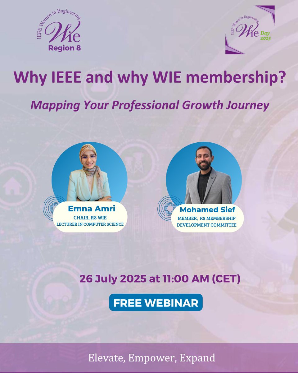 r8wie's tweet photo. Ready to map your growth journey?

Join us for the IEEE WIE Region 8 webinar:
 “Why IEEE and why WIE membership?”
🗓 26 July 2025
⏰ 11:00 AM CET
📍 https://t.co/lTnLdcUipf
With Emna Amri &amp; Mohamed Sief
#IEEEWIE #WIEDay2025 #WomenInSTEM #Leadership https://t.co/dEzQ1DJoRW