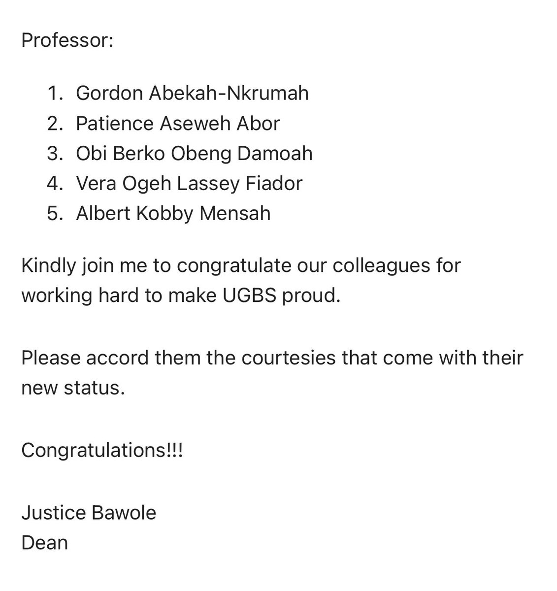 Prof. Justice N. Bawole (@jnbawole) on Twitter photo Five Associate Professors of <a href="/ugbsofficial/">UGBS</a> finished the race by becoming Professors(full). Congratulations guys <a href="/thePOE_T/">Prof. Kobby Mensah</a> <a href="/AborPhd/">Prof. Patience Aseweh Abor</a> Five Associate Professors of <a href="/ugbsofficial/">UGBS</a> finished the race by becoming Professors(full). Congratulations guys <a href="/thePOE_T/">Prof. Kobby Mensah</a> <a href="/AborPhd/">Prof. Patience Aseweh Abor</a>
