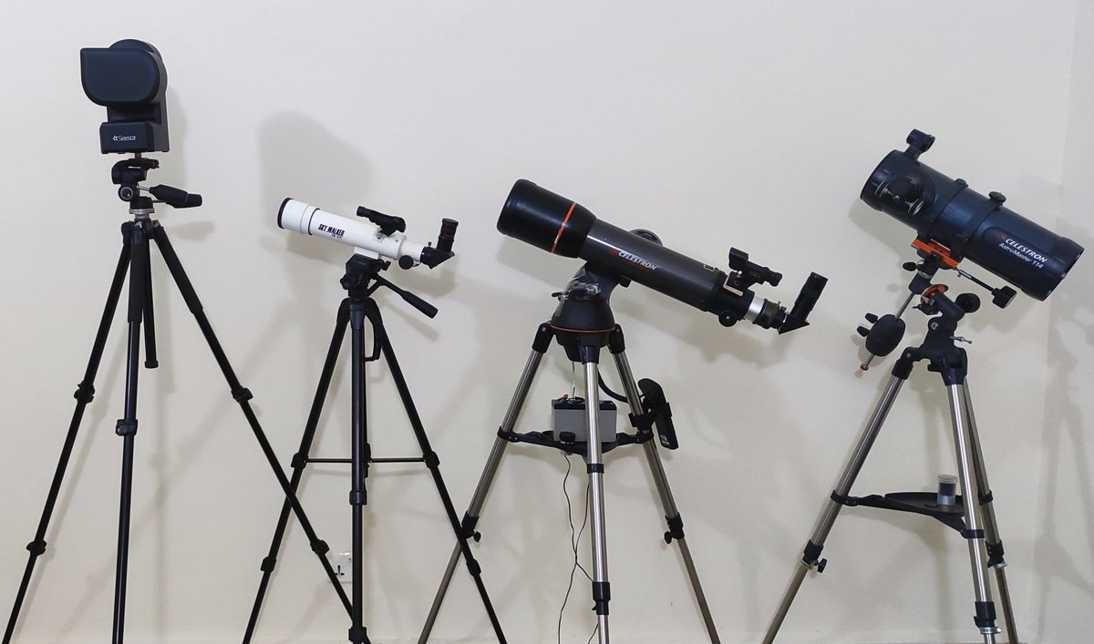 astronomer_g15's tweet image. My Telescopes Parade.
From right to left: Celestron Astromaster 114Eq (Reflector),
Celestron Nexstar 102SLT Goto (Refractor), Kenko 60mm Skywalker PC-II (Refractor) &amp;amp; Seestar S50 Smart Telescope.