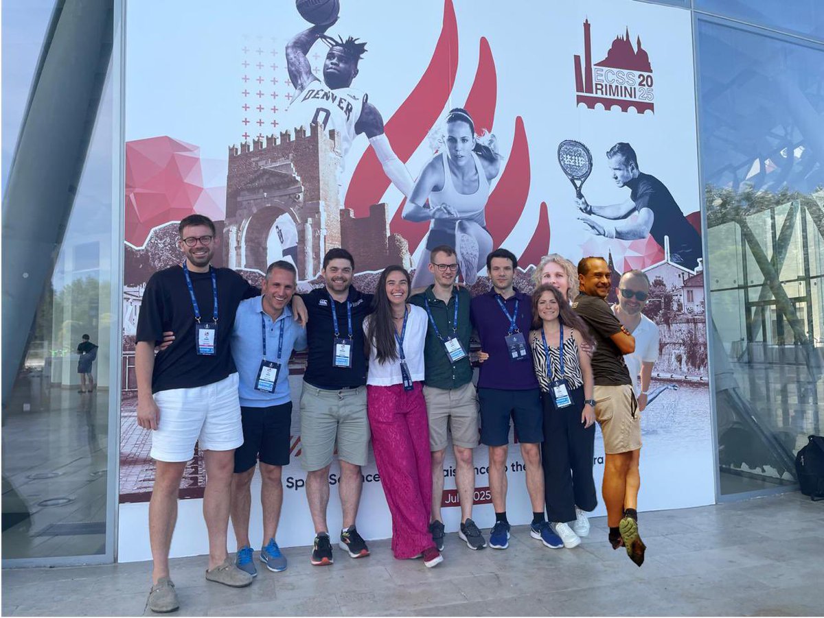 goodall_stuart's tweet image. A nice team photo of all attendees from NU, some photoshopped in thanks to @JustinAndrushko 🤣. A great week had by all, brilliant to share our work across a range of disciplines #ECSS2025 #wearesportscience @NUSportEx