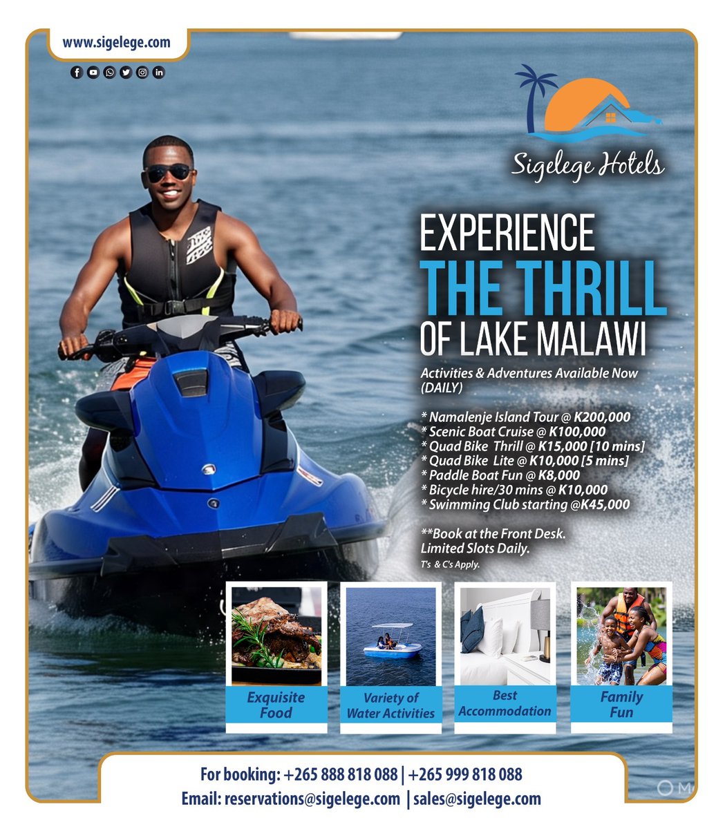 Sigelege Hotels ~ (Group of Hotels & Resorts) (@sigelege) on Twitter photo Have ticked your Lake Malawi adventure bucket list?
Why wait?
Pick and go! π€π΄
β³ Limited slots available daily β book early!
π² Bookings & Inquiries:
π +265 999 818 088 / +265 888 818 088
π§ reservations@sigelege.com
#malawitourism #anewstandardinhospitality #lakemalawi Have ticked your Lake Malawi adventure bucket list?
Why wait?
Pick and go! π€π΄
β³ Limited slots available daily β book early!
π² Bookings & Inquiries:
π +265 999 818 088 / +265 888 818 088
π§ reservations@sigelege.com
#malawitourism #anewstandardinhospitality #lakemalawi