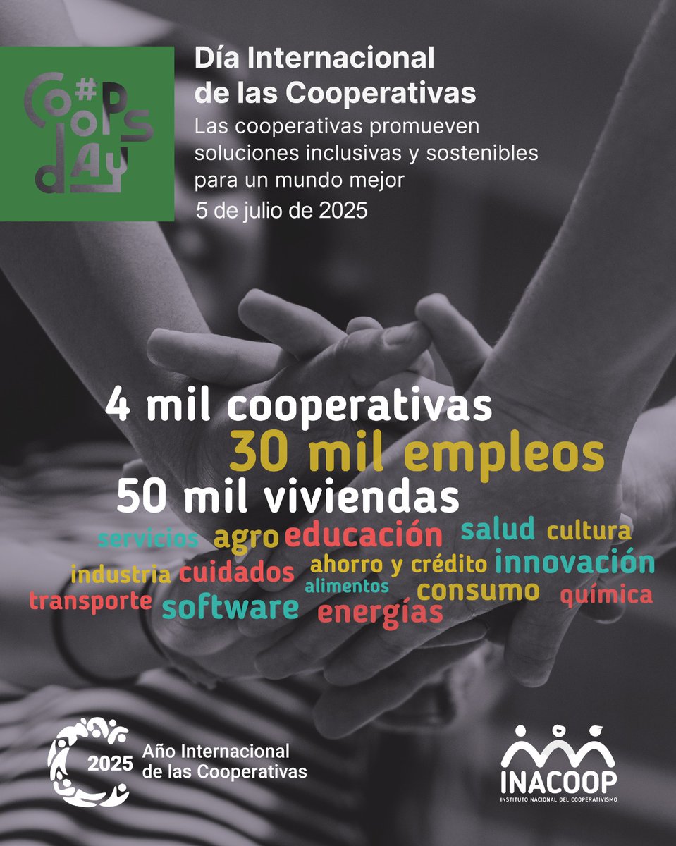 🎉Hoy celebramos el Día Internacional de las Cooperativas 🌍
🫱🏻‍🫲🏽Resaltamos el valor del cooperativismo en nuestra sociedad. 
📈♻️Las cooperativas, impulsadas por la solidaridad y la participación democrática, generan empleo estable y de calidad y promueven soluciones inclusivas y