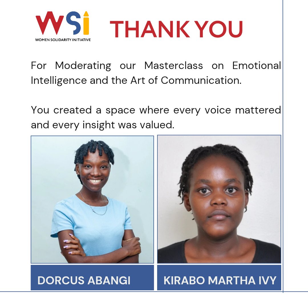 Women Solidarity Initiative Uganda (WSI Uganda) (@womensolidug) on Twitter photo A heartfelt thank you to our guest speaker <a href="/WakieRose/">Rose Wakikona</a> who brought depth, clarity, and such practical wisdom. We are so grateful for the time, energy, and heart you poured into this session.
To our moderators; Dorcus and Martha, thank you for your presence, commitment, and skill A heartfelt thank you to our guest speaker <a href="/WakieRose/">Rose Wakikona</a> who brought depth, clarity, and such practical wisdom. We are so grateful for the time, energy, and heart you poured into this session.
To our moderators; Dorcus and Martha, thank you for your presence, commitment, and skill