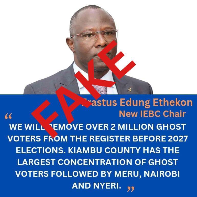 The Independent Electoral and Boundaries Commission (IEBC) has disowned a viral post on social media alleging that over two million ghost voters will be removed from the voter register ahead of the 2027 General Election.