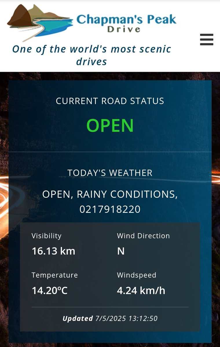 🚥OPEN

You may use the drive again. Always check our website for updates.

chapmanspeakdrive.co.za

#chapmanspeakdrive #chapmanspeak #chappies #DiscoverHoutBay #houtbay #IAMCAPETOWN #capetown #lovecapetown #southafrica #shotleft #TravelMassiveCT #TravelChatSA #nowherebetter