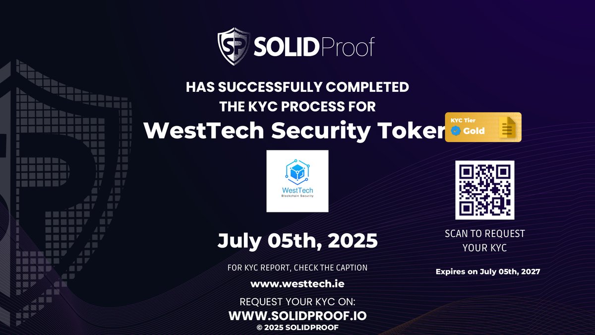 SolidProof.io Daily (@solidproof_news) on Twitter photo We have finished the KYC process for <a href="/WestTechWeb3/">WestTech Technologies Limited</a>🛡️
Well deserved KYC Gold Tier!
Check the security score here:
app.solidproof.io/projects/westt…
Need a Smart contract audit, KYC or development support? Send us a message, our sales team will gladly make a customized offer for you! We have finished the KYC process for <a href="/WestTechWeb3/">WestTech Technologies Limited</a>🛡️
Well deserved KYC Gold Tier!
Check the security score here:
app.solidproof.io/projects/westt…
Need a Smart contract audit, KYC or development support? Send us a message, our sales team will gladly make a customized offer for you!