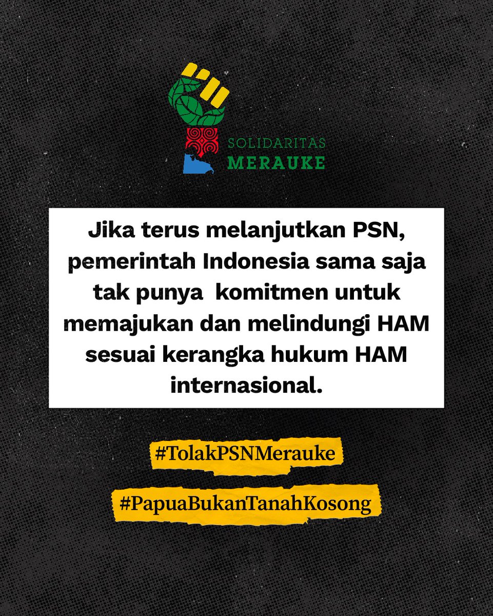 <a href="/IndonesiaFian/">FIAN Indonesia</a> <a href="/WorldRainforest/">World Rainforest Movement (WRM)</a> #SolidaritasMerauke menyatakan terus menolak sepenuhnya akal bulus perampasan kekayaan rakyat lewat pembaruan kebijakan. Kami menuntut penghentian total Proyek Strategis Nasional serta proyek-proyek atas nama kepentingan nasional lainnya yang jelas-jelas mengorbankan rakyat.