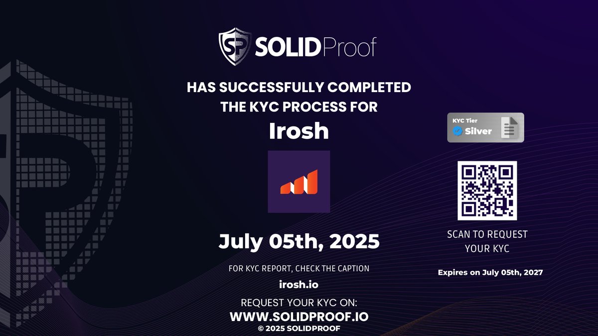We have finished the KYC process for <a href="/irosh_ai/">Irosh</a>🛡️
Well deserved KYC Silver Tier!

Check the security score here:
app.solidproof.io/projects/irosh

Need a Smart contract audit, KYC or development support? Send us a message, our sales team will gladly make a customized offer for you!