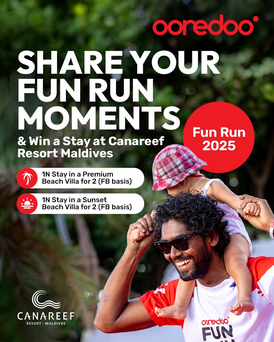 Ooredoo Maldives (@ooredoomaldives) on Twitter photo Last Chance Alert!⏰
Share your best #OoredooFunRun #AdduCity moments and stand a chance to win a stay at <a href="/Canareef/">Canareef Resort Maldives</a>!
🌴1N in a Premium Beach Villa for 2
🌴1N in a Sunset Beach Villa for 2
✨ Enter by 11:59pm, 5th July 2025
✨ Tag @ooredoomaldives & use
✨#OoredooFunRun to Last Chance Alert!⏰
Share your best #OoredooFunRun #AdduCity moments and stand a chance to win a stay at <a href="/Canareef/">Canareef Resort Maldives</a>!
🌴1N in a Premium Beach Villa for 2
🌴1N in a Sunset Beach Villa for 2
✨ Enter by 11:59pm, 5th July 2025
✨ Tag @ooredoomaldives & use
✨#OoredooFunRun to