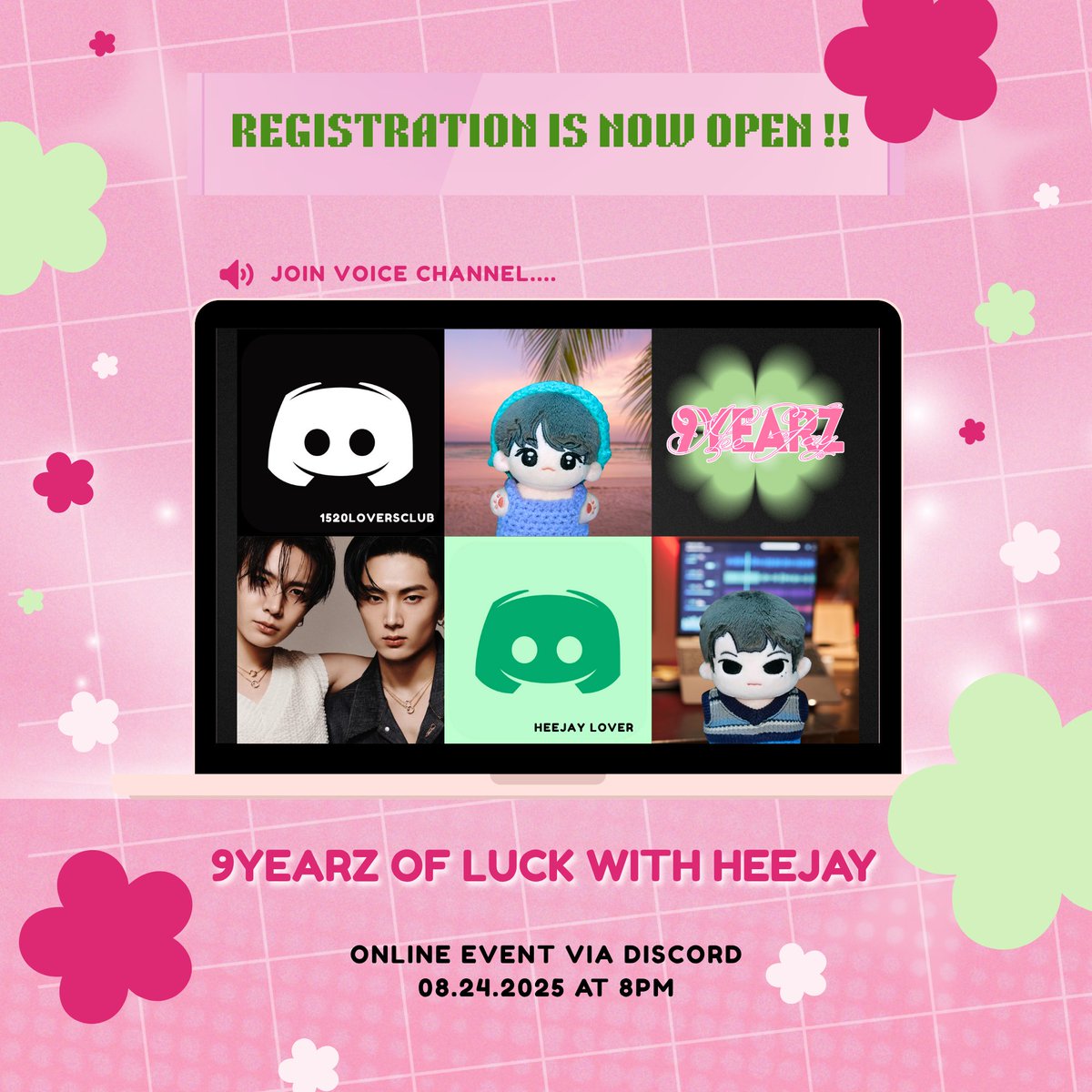 DON'T MISS OUT AND JOIN~ 💗

9YEARZ OF LUCK WITH HEEJAY 🍀

kit price: 280php  
open until 2nd week of July ONLY

🗓️ Event Date: Sunday, Aug. 24, 2025 
📷 ONLINE EVENT (via discord)

Reg. Form: forms.gle/31MsNpEGkFPsPx…