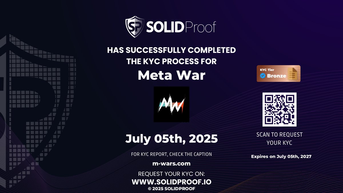 SolidProof.io Daily (@solidproof_news) on Twitter photo We have finished the KYC process for <a href="/Mwar_Official/">META WAR : Pepe Vs Doge</a>🛡️
Well deserved KYC Bronze Tier!
Check the security score here:
app.solidproof.io/projects/meta-…
Need a Smart contract audit, KYC or development support? Send us a message, our sales team will gladly make a customized offer for you! We have finished the KYC process for <a href="/Mwar_Official/">META WAR : Pepe Vs Doge</a>🛡️
Well deserved KYC Bronze Tier!
Check the security score here:
app.solidproof.io/projects/meta-…
Need a Smart contract audit, KYC or development support? Send us a message, our sales team will gladly make a customized offer for you!